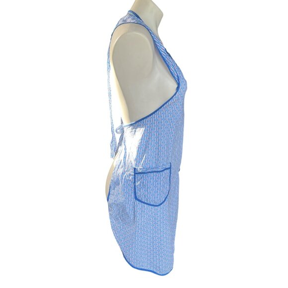 Handmade Blue & White Apron Sleeveless Front Pockets Adjustable Ties Cotton VTG - Picture 2 of 5